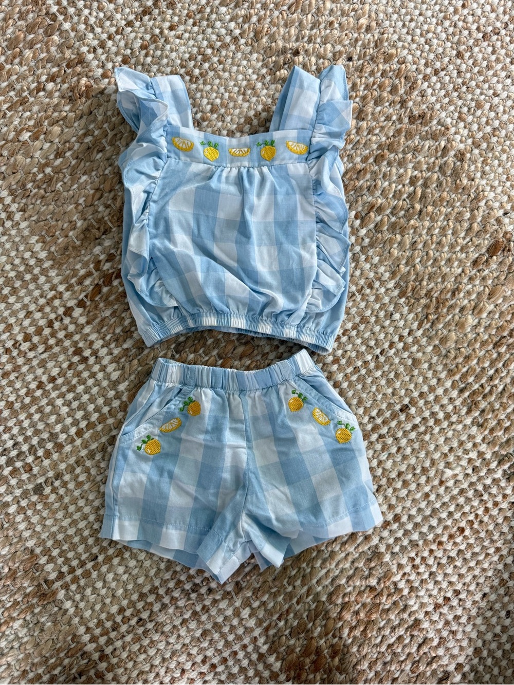 The Bailey Boys Brand - Light Blue Gingham Two-Piece Set with Lemon Embroidery